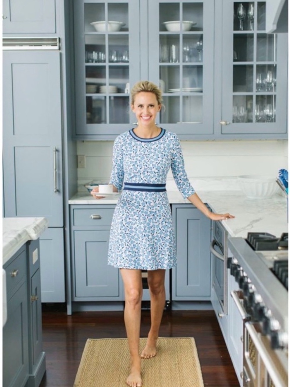 Draper James White and Blue Floral Knit Dress with Navy Trim